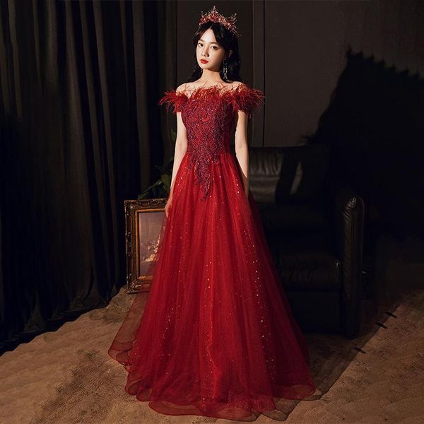 

ethnic clothing burgundy elegant slash neck pleated dresses lady exquisite appliques feather trim banquet gown vintage long evening party dr, Red