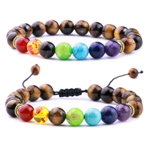

8mm natural stone tiger's eye 7 chakras bead bracelets diy healing balance beads reiki bracelet for women men friend jewelry, Golden;silver