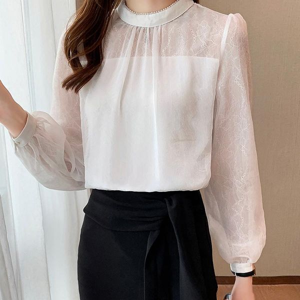 

women's blouses & shirts autumn lace hollowed out french style 2021 lantern sleeve korean black long blusas female white 1328