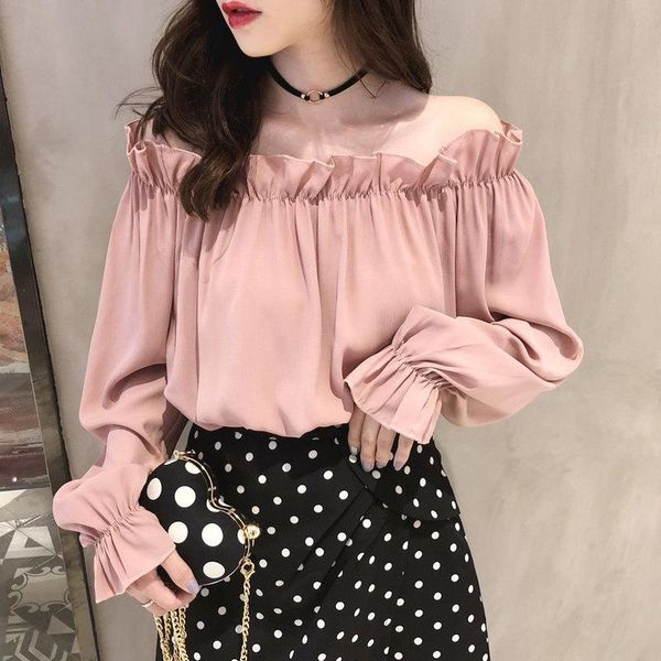 

women's blouses & shirts biggorange chiffon shirt flavor solid color ruffled off shoulder female collar loose and thin top, White