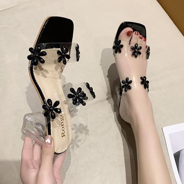 

transparent heel slippers women rhinestone pvc open toe summer elegant clear sandals high slides, Black