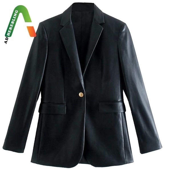 

adherebling za traf women faux pu leather jacket metal single button vintage long sleeve blazers pockets female black suit coat 211130
