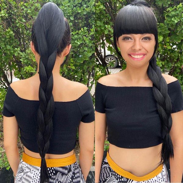 

synthetic wigs 30inch long yaki straight ponytail wig for women fake hairpiece fiber pony tail wrap around clip in hair, Black