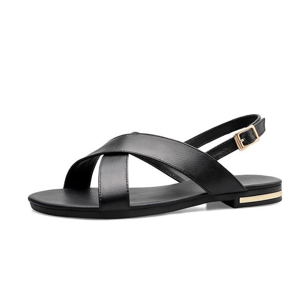 

sandals 2021 summer women genuine leather flats shoes flip flops gladiator casual beach woman big large size 45 46, Black