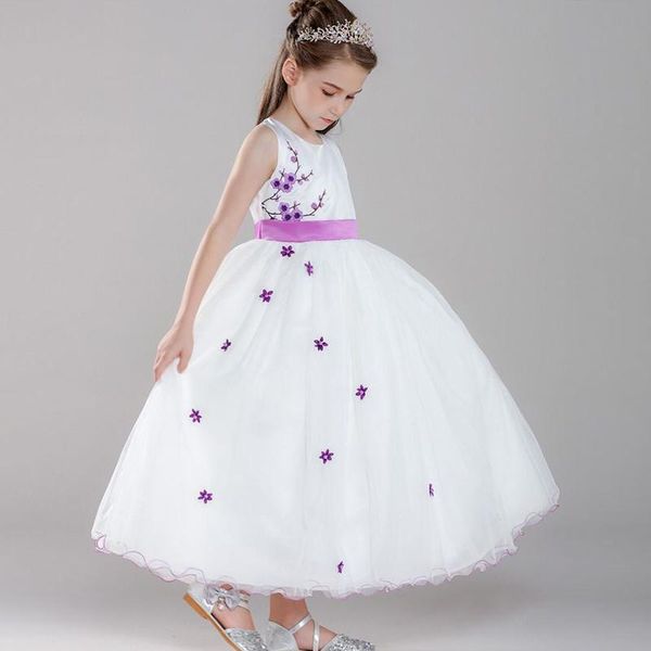 

flower girls dresses illusion o-neck tulle lace floor-length embroidery sleeveless luxury white kids party princess gown f348 girl's, Red;yellow