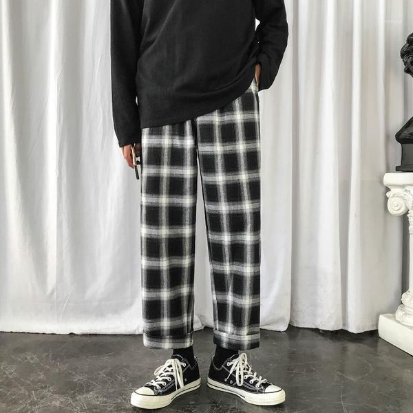 

men's high grid printing gym sweatpants loose cargo baggy casual pants military style lattice trousers size s-2xl, Black