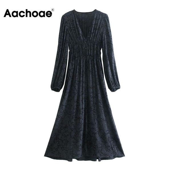 

aachoae chic women a-line party dress 2021 vintage printed v neck long female sleeve elegant dresses vestidos casual, Black;gray