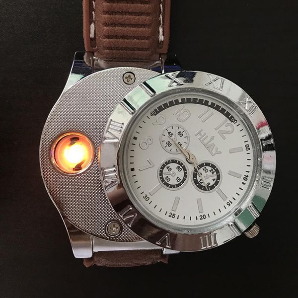

wristwatches usb rechargeable lighter watch windproof electronic flameless watches men relogio masculino quartz clock, Slivery;brown
