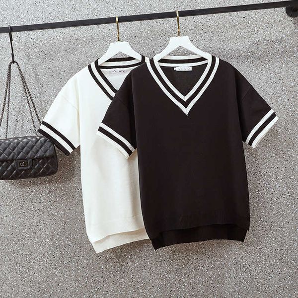 

l-3xl plus-size women's t-shirt summer short sleeve v neck patchwork kint oversized sweaters pullover loose casual female jumper 210604, White;black