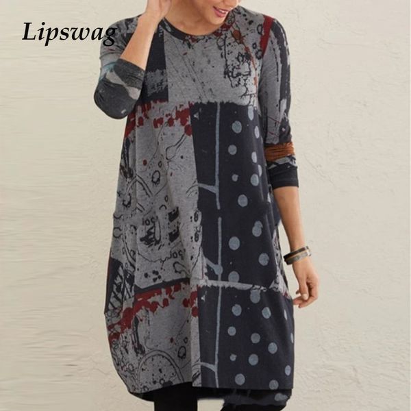 

2021 women spring long sleeve party dresses vintage print o neck autumn dress fashion casual female loose a-line dress vestidoshigh quality, Black;gray