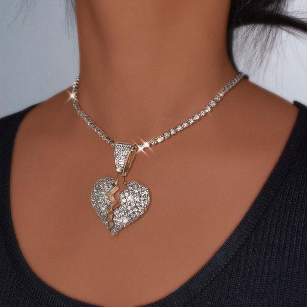 

chains personality broken heart choker pendant necklace for women punk gold silver color full rhinestone tennis chain necklaces jewelry