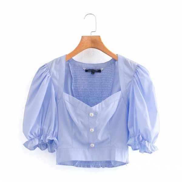 

women blouses fashion v-neck short puff sleeves with elastic cuffs faux pearl button back shirring vintage cropped 210519, White