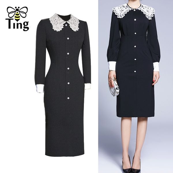 

spring designer runway singel breasted button black dress elegant party es women office work knee length 210513, Black;gray