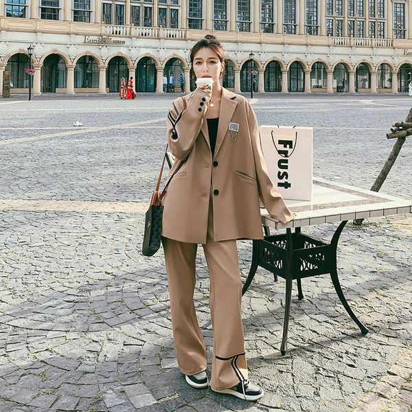 

women's two piece pants spring fall khaki suits women 2 set blazers and vintage elegant korean loose casual suit coat wide leg 8011, White