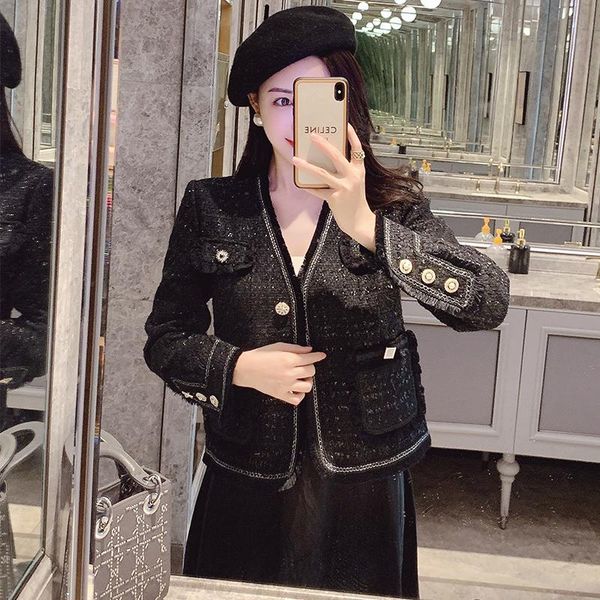 

women's jackets runway fall winter french tassel pocket tweed woolen high end black coat suit jacket casaco outwear, Black;brown