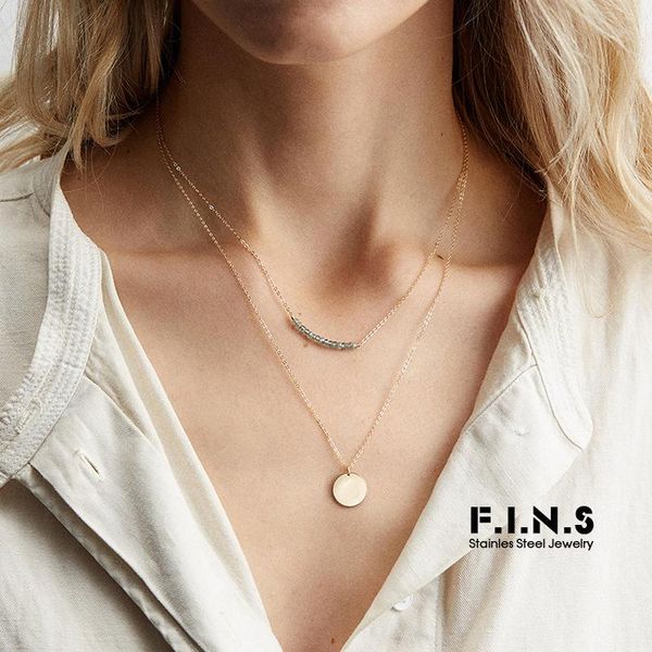 

pendant necklaces f.i.n.s double layer stainless steel necklace personalize crystal beads round coin pendants for women jewelry, Silver