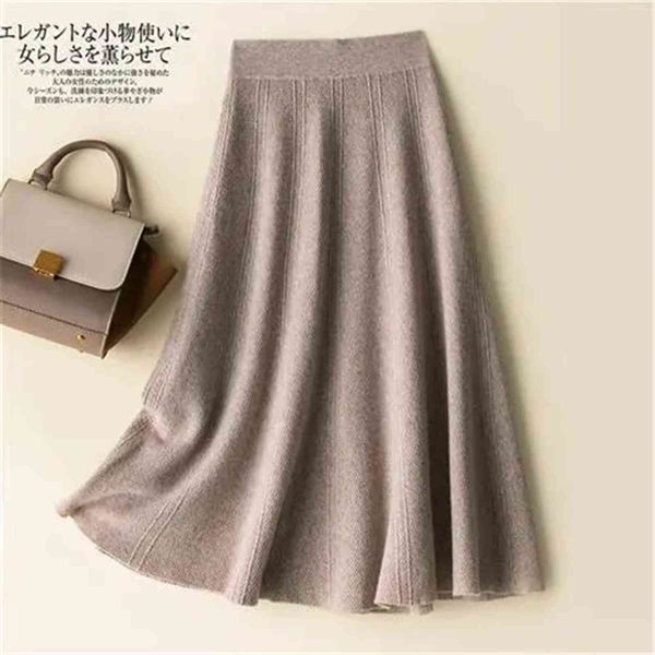 Vintage marrom malha longa saia outono mulheres sólido casual uma saia de linha feminina coreana fêmea preto alta cintura midi saia 211120
