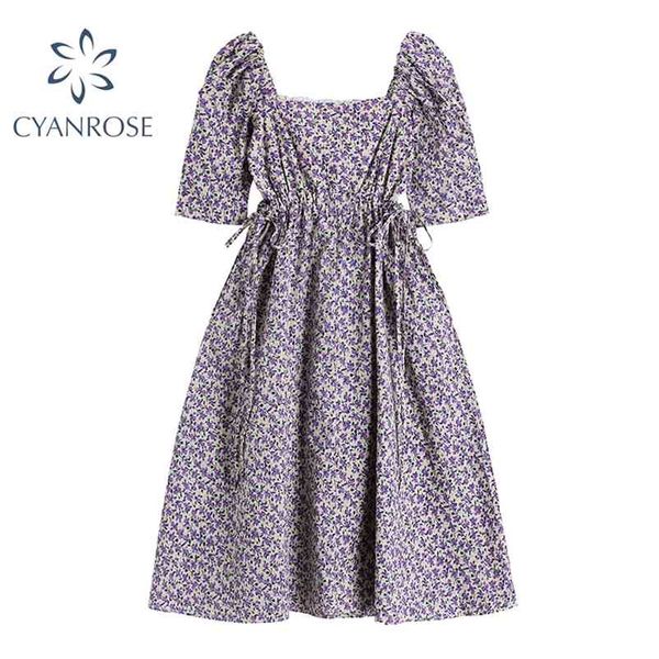 

summer purple floral print dress women elegant stylish puff short sleeve dresses french sweet lace up hollow out frcoks 210430, Black;gray