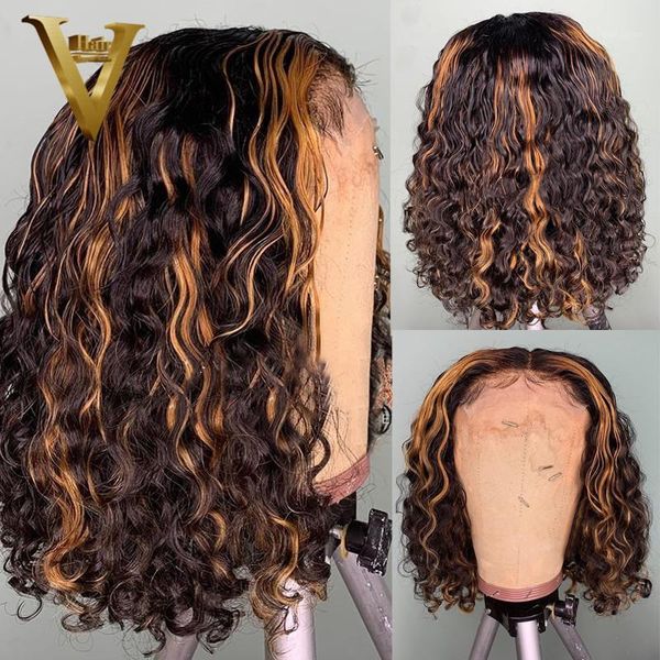 

short curly bob wig brazilian remy ombre honey blonde highlight 13x6 lace front human hair wigs for women pre plucked 1501, Black;brown
