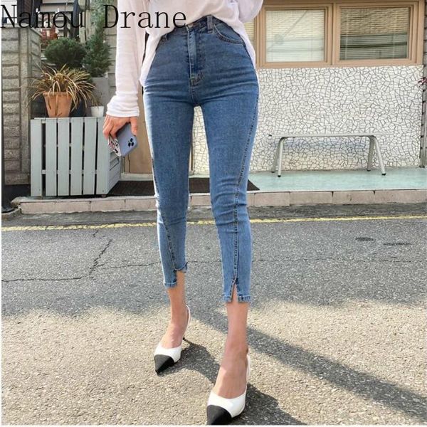 

women's jeans korean style fashion slim slit tight high waist 9-point denim pants for women clubwear, Blue