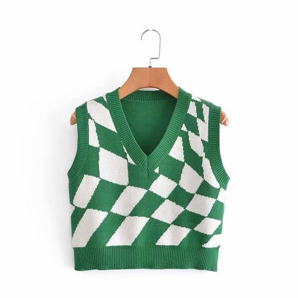 

women's vests fashion preppy style argyle cropped knitted vest vintage v neck sleeveless pullover sweaters fall 2021 chic casual waistc, Black;white