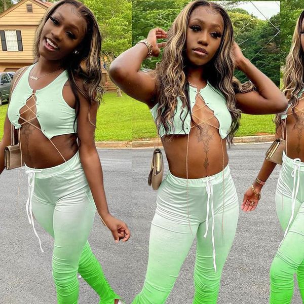 

stacked leggings two piece women tracksuits set crop pants flare splite out jogging femme summer clothes for, Gray