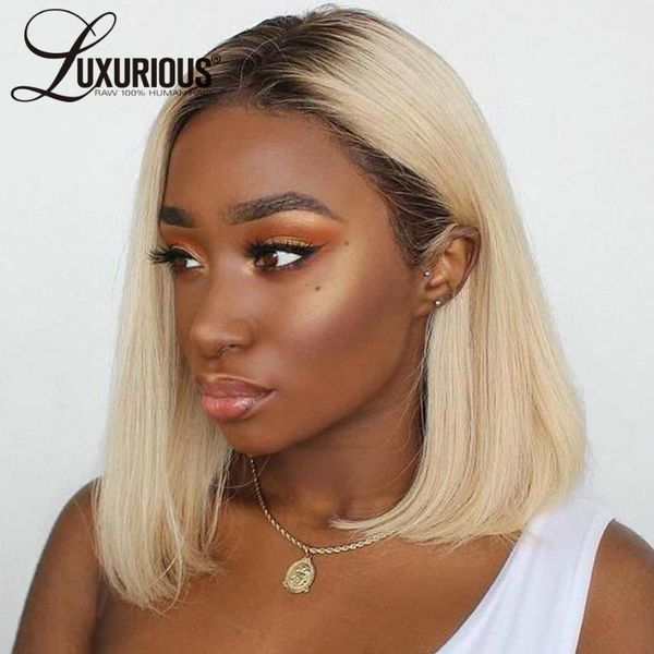 

4/613 honey blonde bob wig straight lace brazilian human hair front wigs with transparent pre plucked1, Black;brown
