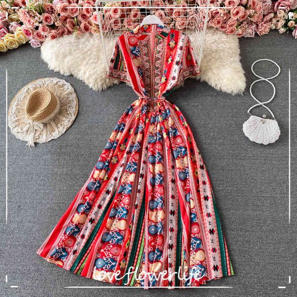 

loveflowerlife summer vintage floral print short dress a line v neck high waist mid-calf women party dresses 210521, Black;gray