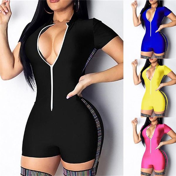 

women's jumpsuits & rompers black blue bodycon playsuit women wear on both sides jumpsuit autumn 2021 zip up party club romper shorts, Black;white