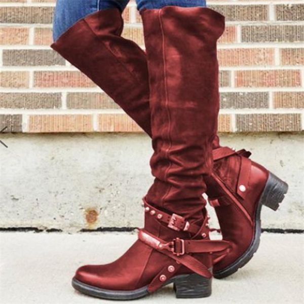 

boots winter women woman genuine leather knee high buckle round toe shoes rivets low square heels old fashion style, Black