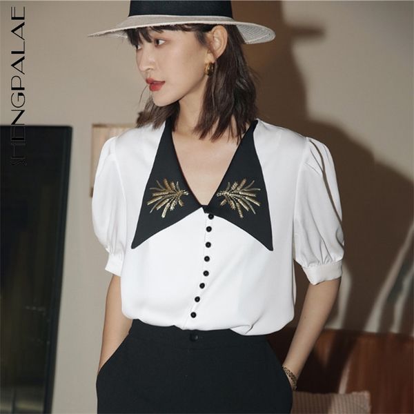 

embroidered patchwork blouse women's summer lapel single bresated loose short puff sleeve shirt female 5b626 210427, White