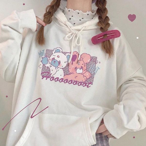 

women's hoodies & sweatshirts japanese sweet cute hoodie korea ins anime cartoon bear kawaii loose women hooded sweatshirt harajuku p, Black
