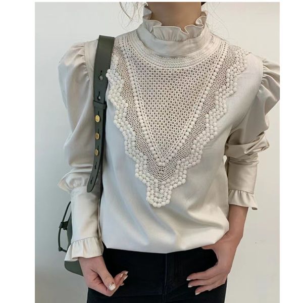

women's blouses & shirts lamtrip chic elegant fairy ruffled collar lace stitch long sleeve shirt blouse 2021 spring fashion ue80, White