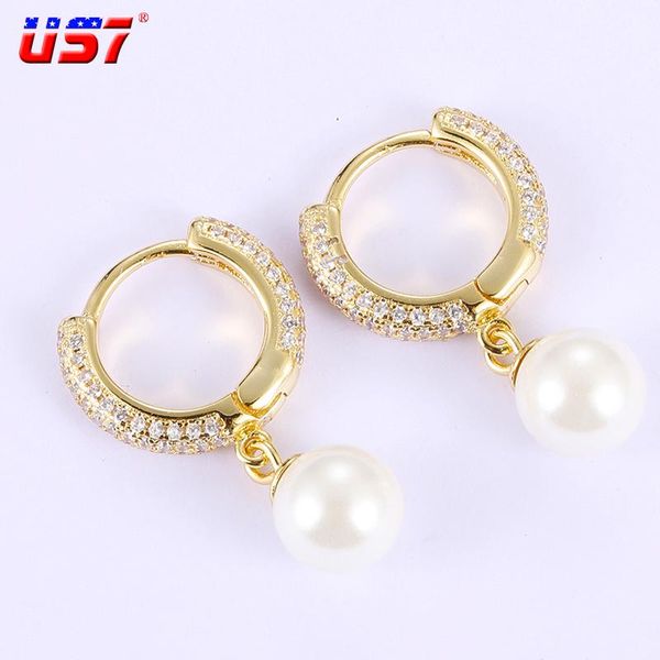 

dangle & chandelier us7 round freshwater pearl earrings dazzling cz women engagement wedding graceful accessories fashion, Silver