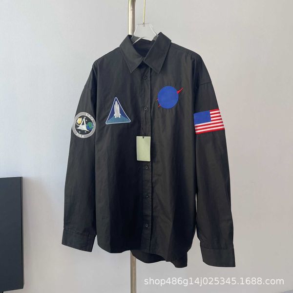

men's casual shirts paris b joint nas medal flag pa letter embroidery casual versatile aerospace men's and women's long sleev, White;black