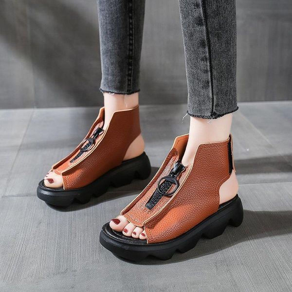 

leather fujin summer women sandals zipper thick bottom chunky retro sports breathable comfortable shoes, Black