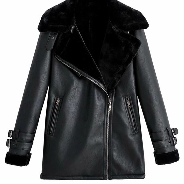 

ies winter fur jacket coat women's pu leather long zipper sheepskin 211215, Black