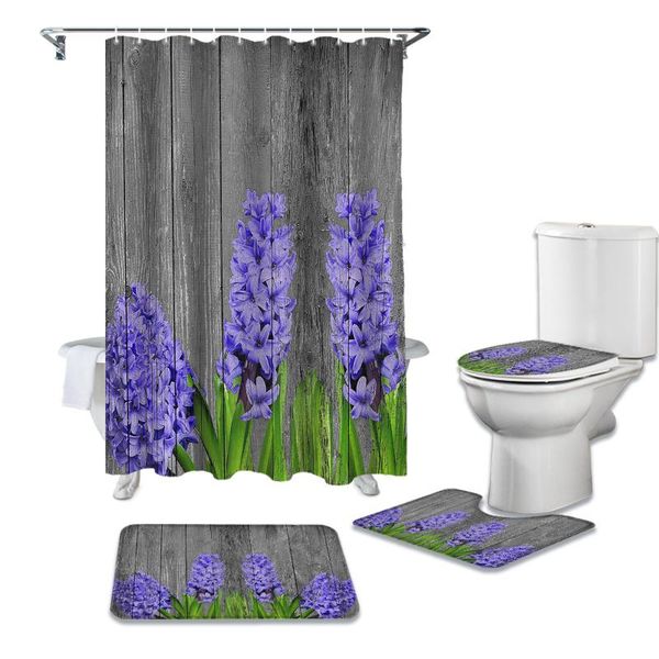 

vintage wooden purple flowers shower curtain set for bathroom bath mat rug carpet toilet lid cover bathtub home decor gift curtains