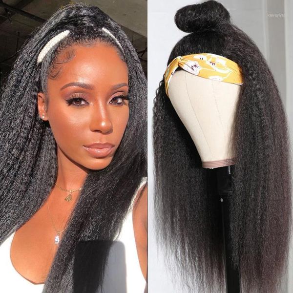 

kinky straight human hair wig with headband 150% full machine half brazilian remy 8-26 inch1, Black;brown