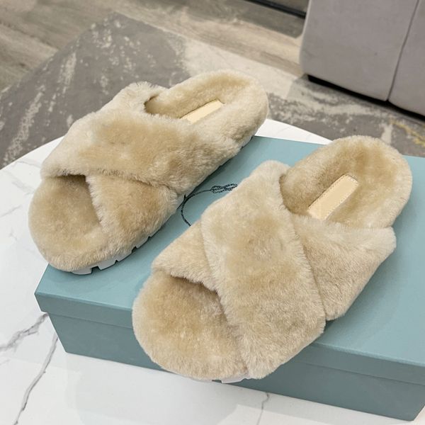 

brand fur slippers fashion female winter slipper women warm indoor slide soft wool lady home shoes wool flat sandal, Black