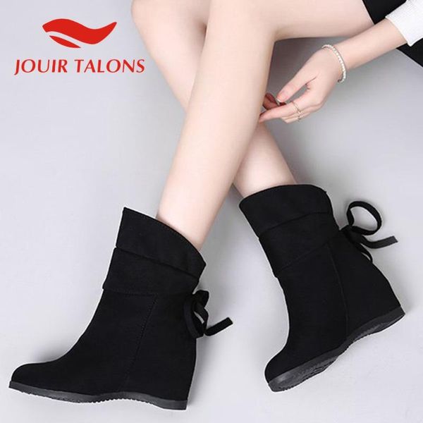 

boots jouir talons large size 35-42 wedges flock round toe autumn winter elegant slip-on increased internal shoes, Black