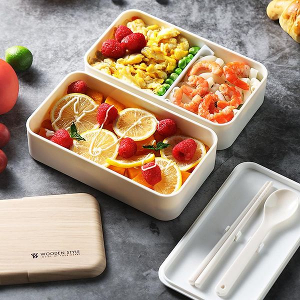 

wooden feel plastic lunch box with tableware double-layer compartment students can microwave oven without bpa dinnerware sets