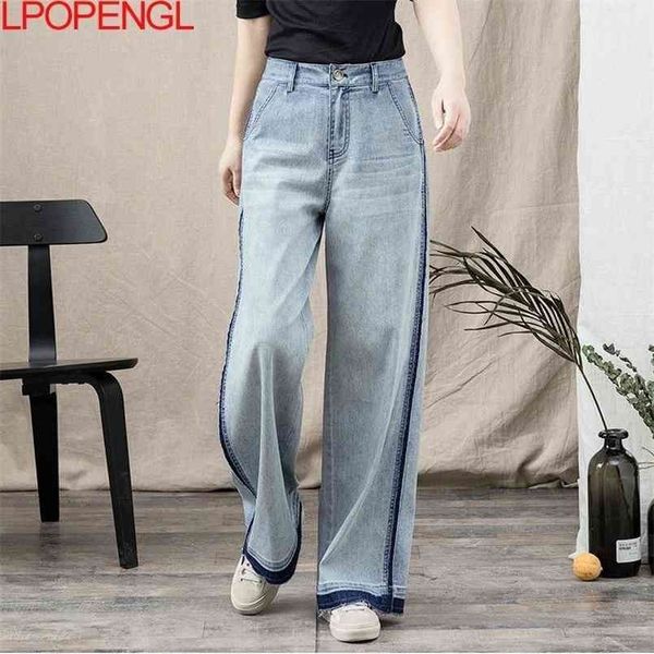 

spring ladies vintage striped jeans casual fashion denim baggy streetwear straight trousers high waist buttons femme 210809, Blue