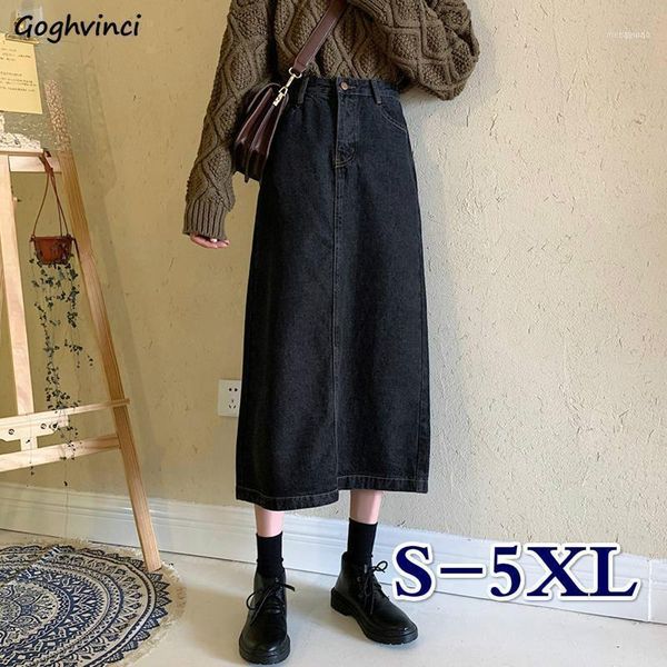 

skirts women denim summer back slit vintage large size 5xl mid calf chic streetwear all-match fashion retro stylish teens womens1, Black