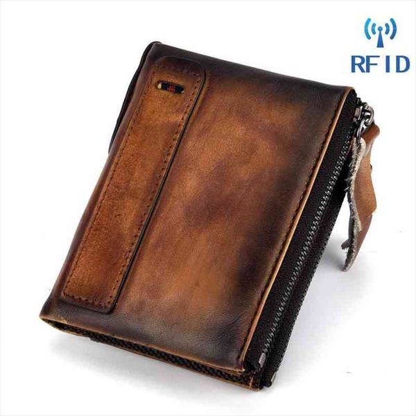 

rfid real cowhide leather men wallet short coin purse double zipper vintage wallets brand designer, Red;black