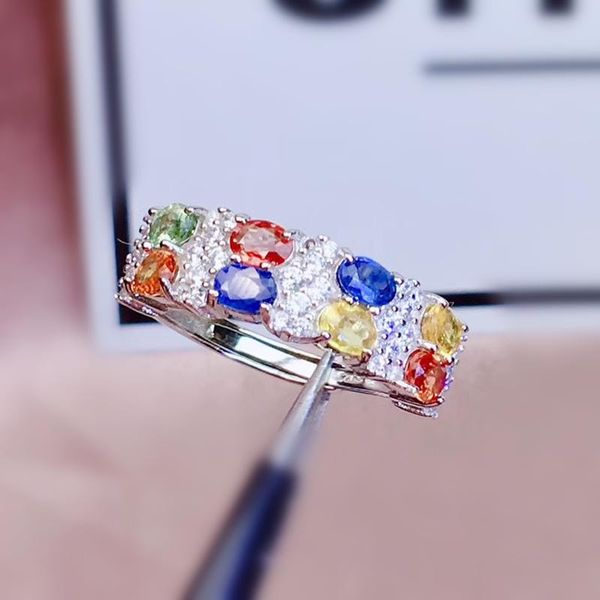 

natural real colorful sapphire ring per jewelry 925 sterling silver 3*4mm 0.3ct*8pcs gemstone fine j212808 cluster rings, Golden;silver