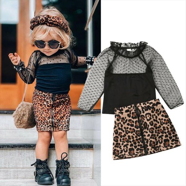 

1 6y fashion toddler baby girl leopard print clothes ruffles lace t shirt skirt tracksuit outfit childrens clothing, White