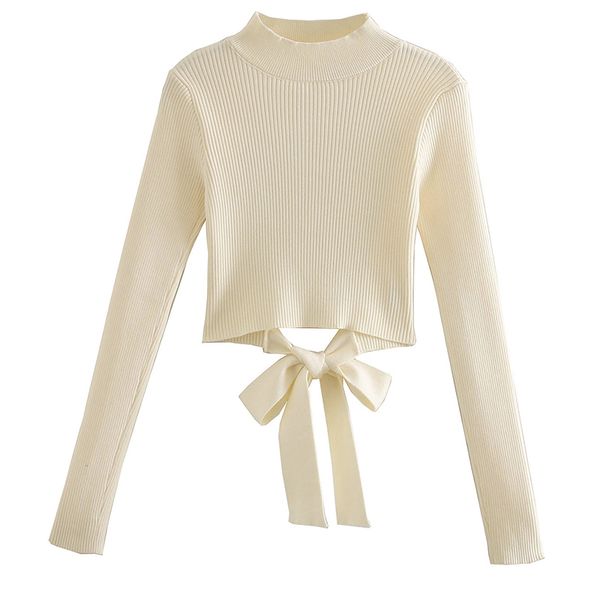 

solid turtleneck backless sweater bandage bow knitted pullover long sleeve cute casual knitwears spring-autumn 210521, White;black