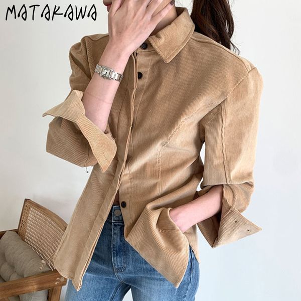 

solid long-sleeved corduroy ladies shirt autumn and winter lapel blouses single-breasted loose casual women blusas 210506, White