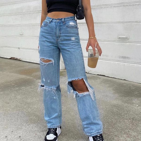 

high waist hole ripped womens jeans straight mom casual european and american style streetwear 90s baggy wide leg boyfriend pants, Blue